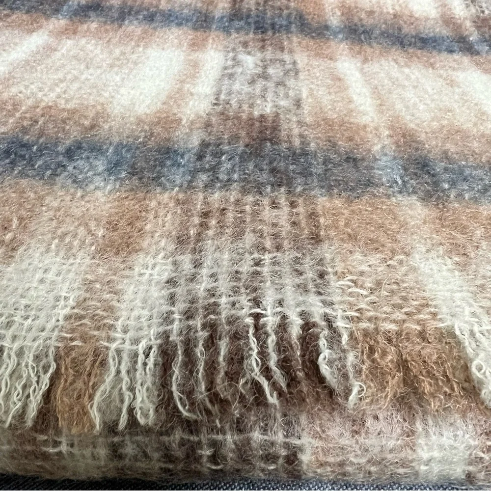Dongal Design Mohair Blanket /Throw - Large Cream/Gray Wool Plaid 72”x56”
